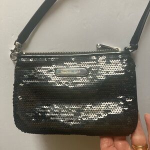 Michael Kors Black Sequin and Leather Wristlet Clutch Evening Bag Shiny EUC